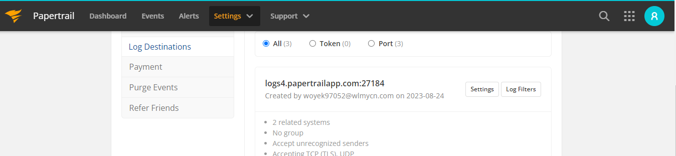 Hostname and Port Papertrail