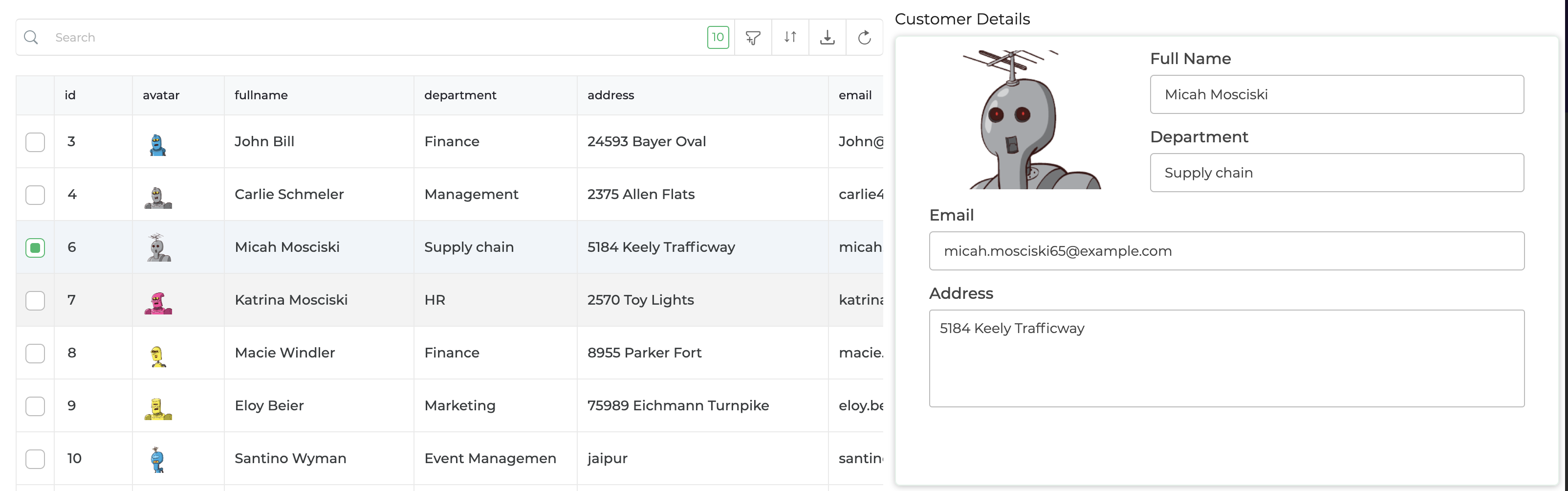 View customer details Form